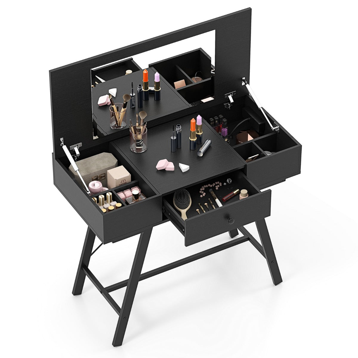 LIVSK Make-uptafel met Spiegel - Oplaadstation - 6 Vakken en Lade - Robuust Metaal - 96,5 x 46,5 x 80,5 cm - Zwart