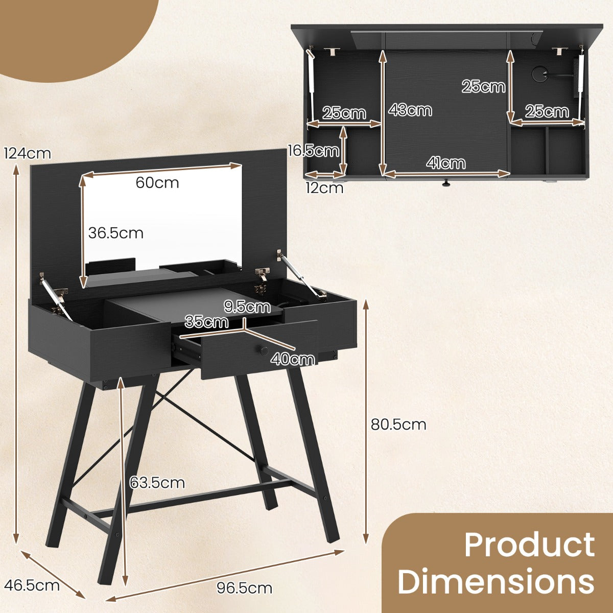 LIVSK Make-uptafel met Spiegel - Oplaadstation - 6 Vakken en Lade - Robuust Metaal - 96,5 x 46,5 x 80,5 cm - Zwart
