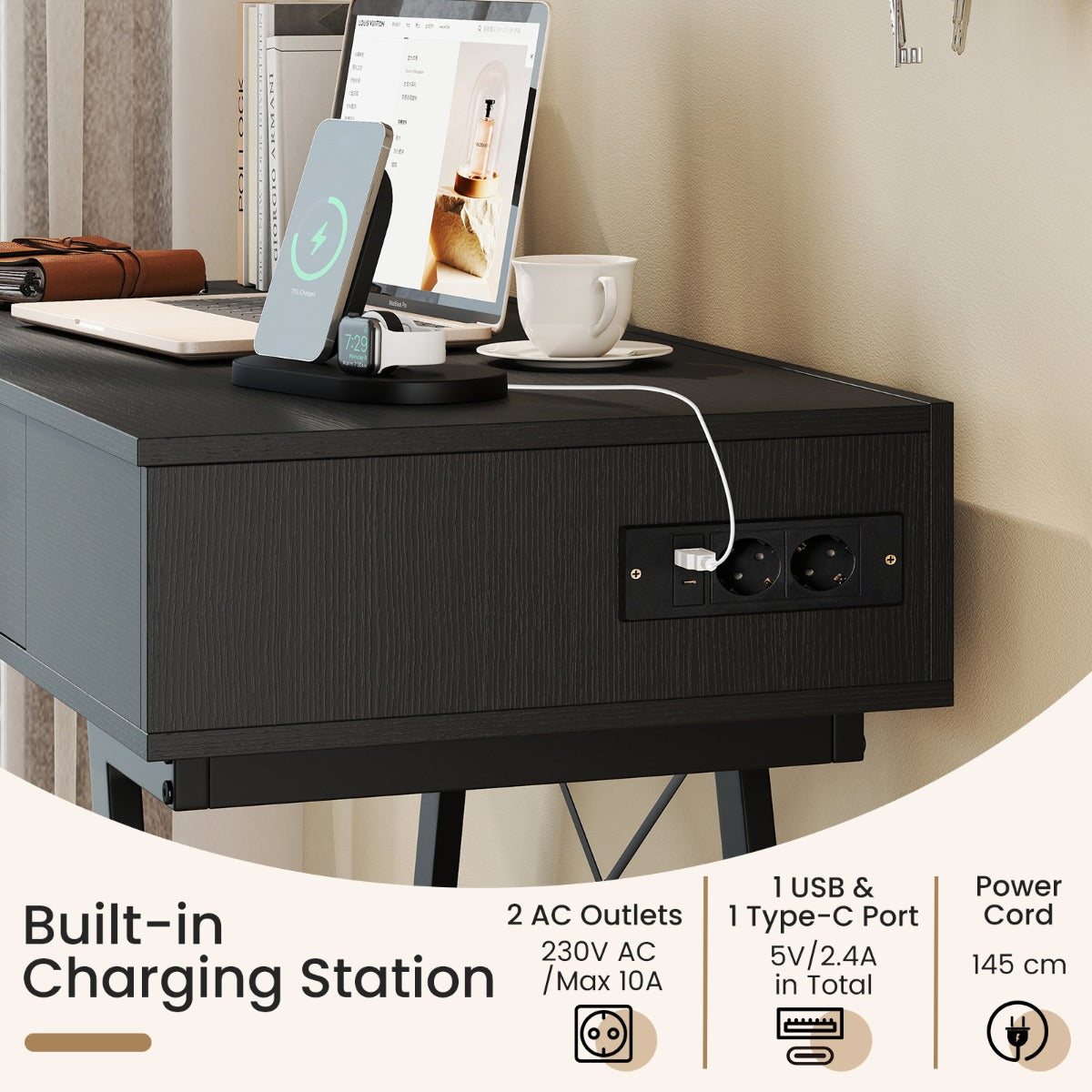 LIVSK Make-uptafel met Spiegel - Oplaadstation - 6 Vakken en Lade - Robuust Metaal - 96,5 x 46,5 x 80,5 cm - Zwart