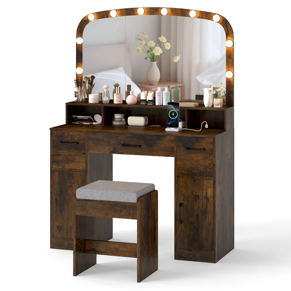 LIVSK Make-uptafel met Spiegel en Verlichting - 10 LED-lampen - Oplaadstation - Veel Opbergruimte - Rustiek bruin