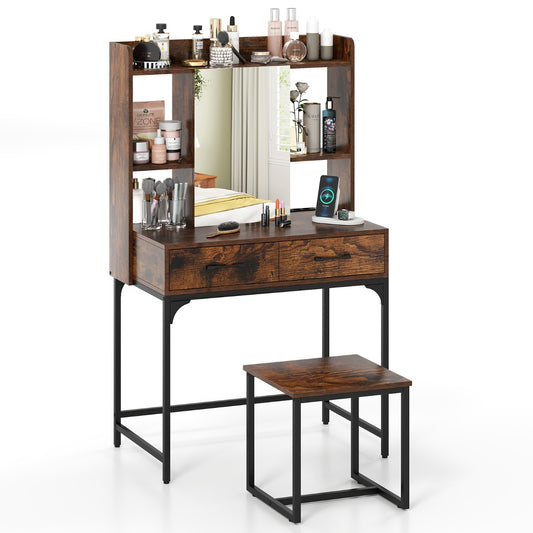 LIVSK Make-up Tafel met Spiegel en Kruk - Oplaadstation - 2 Lades - Open Planken - Stabiliteit - 80 x 50 x 138 cm - Rustiek Bruin