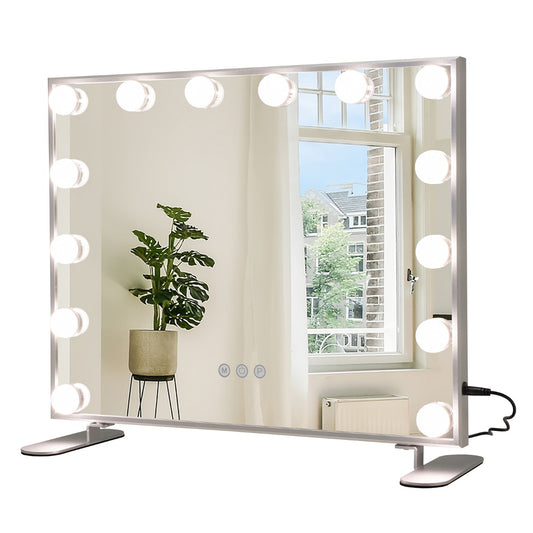 LIVSK Verlichte Make-upspiegel - 14 LED-lampen - 3 Lichtkleuren - Aanraakbediening - Wand- of tafelmontage - Zilver