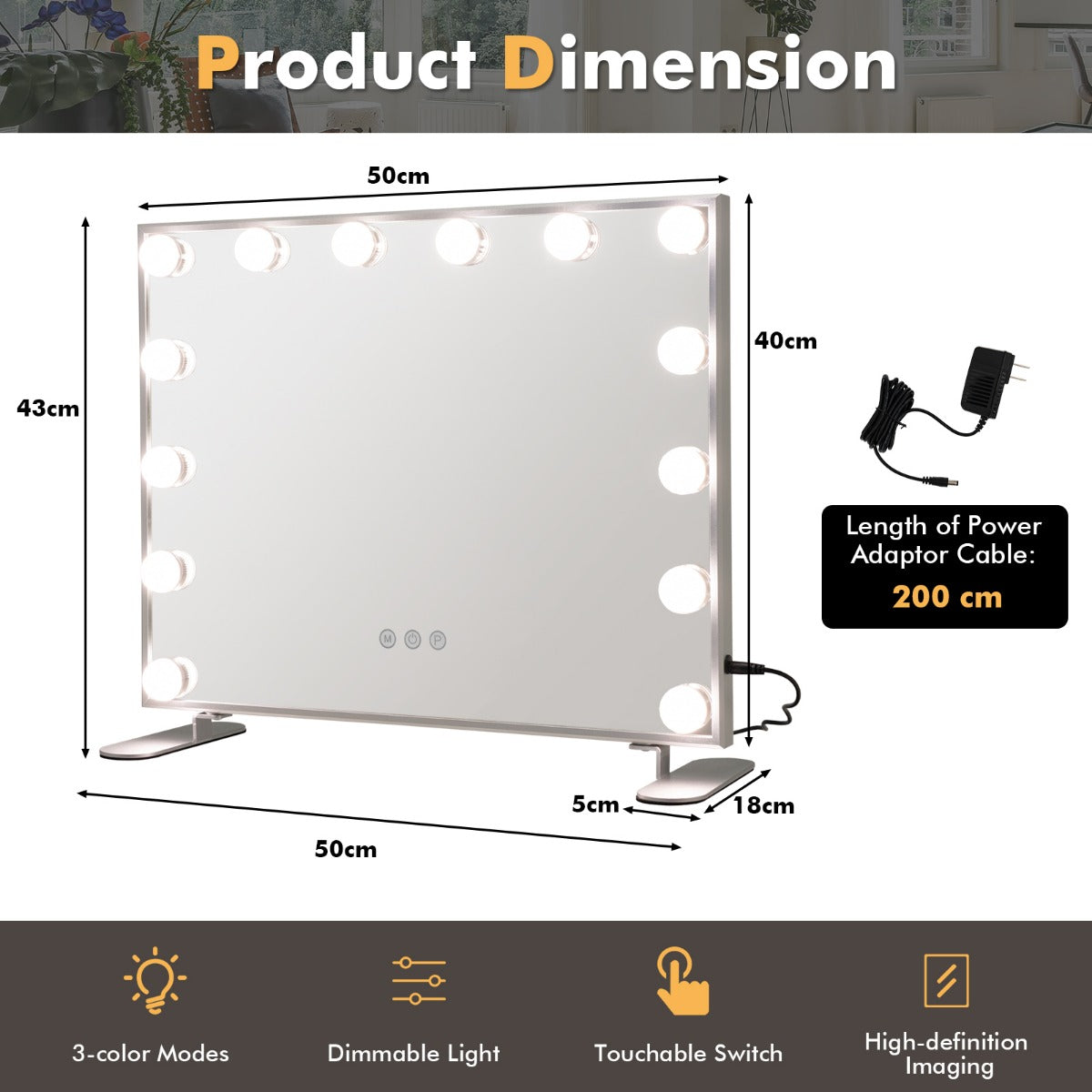 LIVSK Verlichte Make-upspiegel - 14 LED-lampen - 3 Lichtkleuren - Aanraakbediening - Wand- of tafelmontage - Zilver