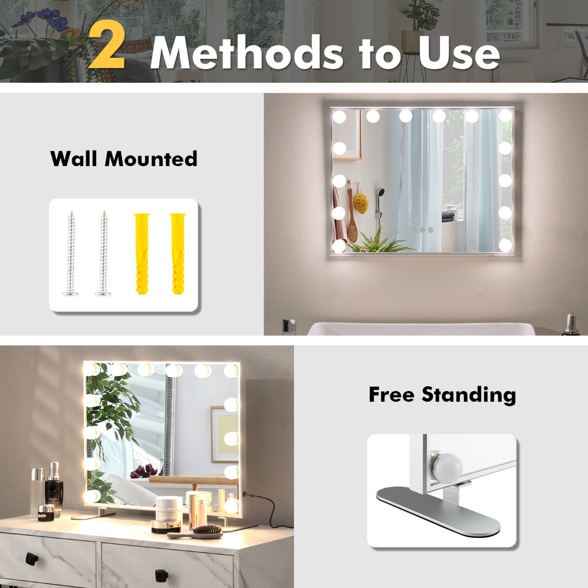 LIVSK Verlichte Make-upspiegel - 14 LED-lampen - 3 Lichtkleuren - Aanraakbediening - Wand- of tafelmontage - Zilver