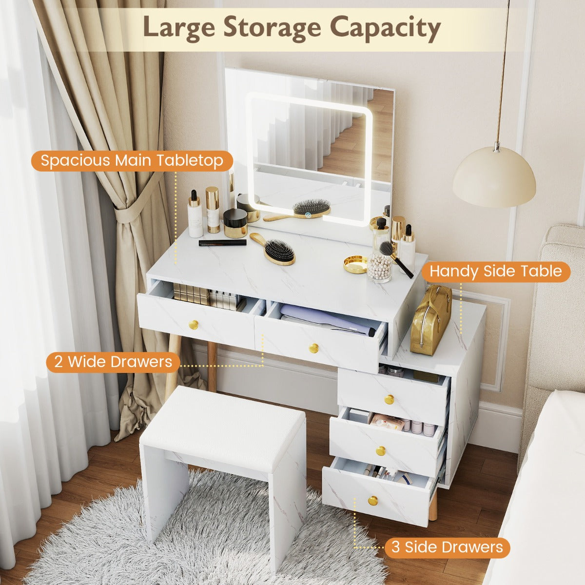 Livsk costway make uptafel met spiegel en verlichting make upset met 3 lichtstanden en instelbare helderheid wit 3