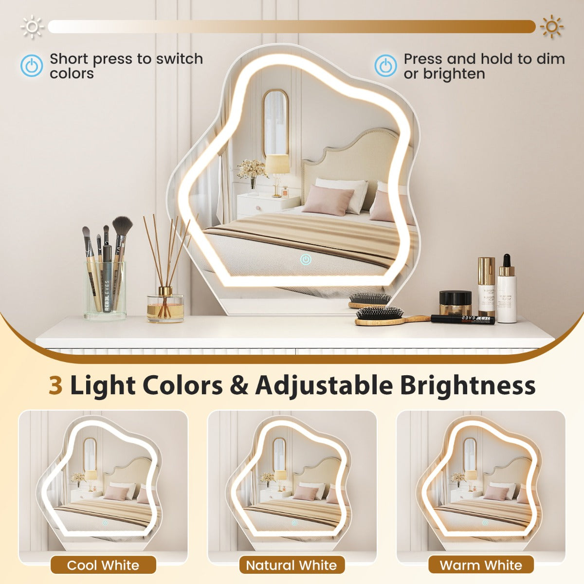 Livsk costway make uptafel met spiegel en verlichting make uptafel met 3 lichtstanden instelbare helderheid wit 3
