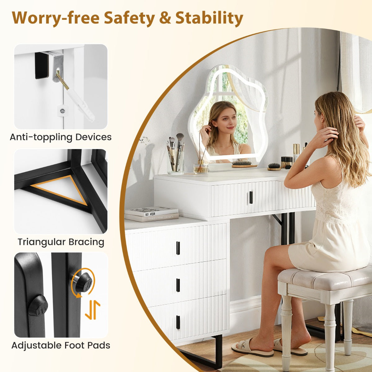 Livsk costway make uptafel met spiegel en verlichting make uptafel met 3 lichtstanden instelbare helderheid wit 4