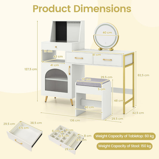 Livsk costway make uptafel met verlichting en spiegel kaptafel met glazen tafelblad opbergruimte 120 ringhouders en 10 kettinghaken