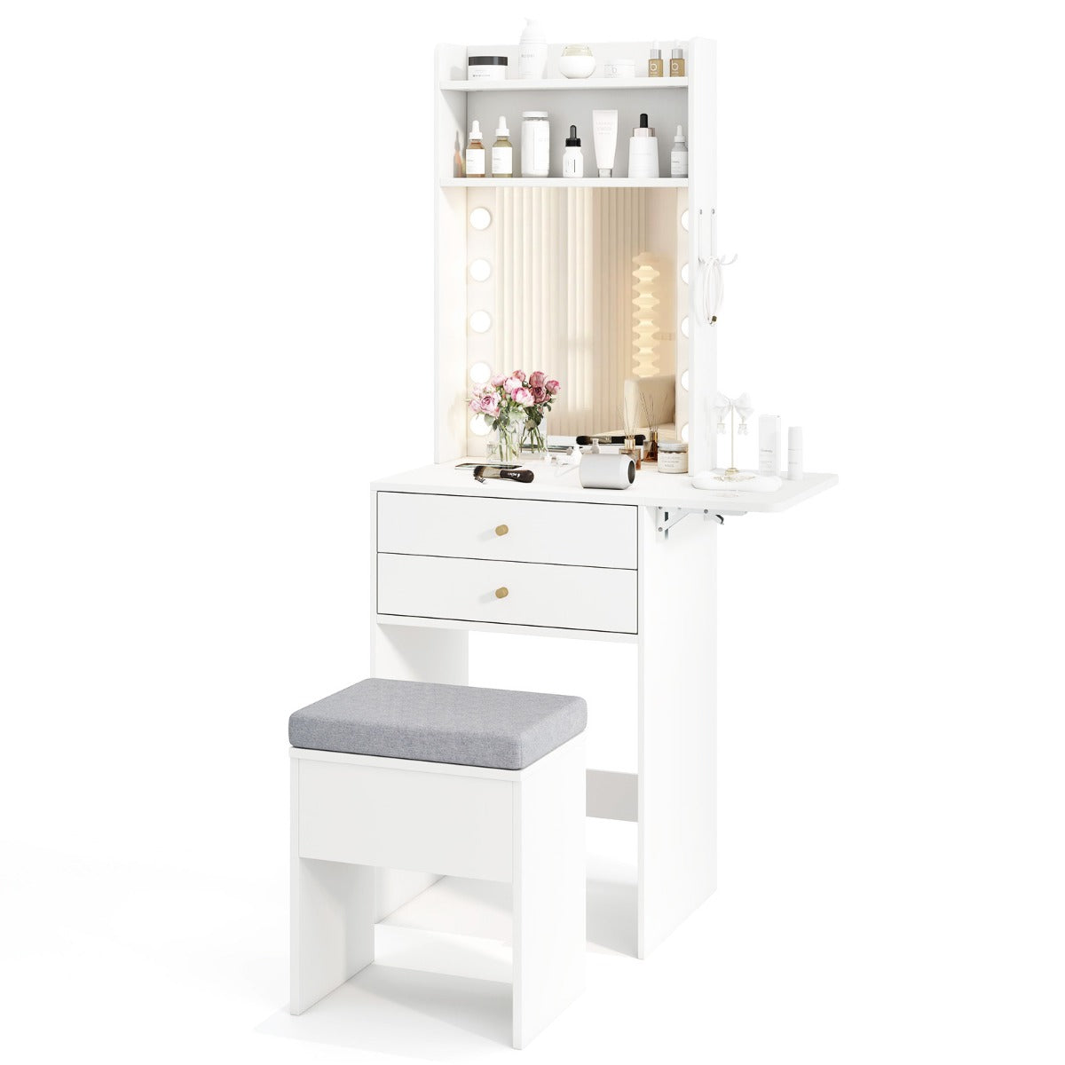 Livsk costway make uptafel met verlichting kaptafel met laadstation spiegel laden planken en inklapbaar tafelblad kruk met opbergruimte wit
