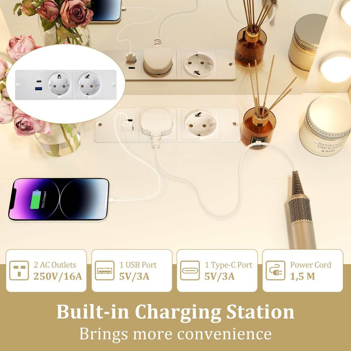 Livsk costway make uptafel met verlichting kaptafel met laadstation spiegel laden planken en inklapbaar tafelblad kruk met opbergruimte wit 3