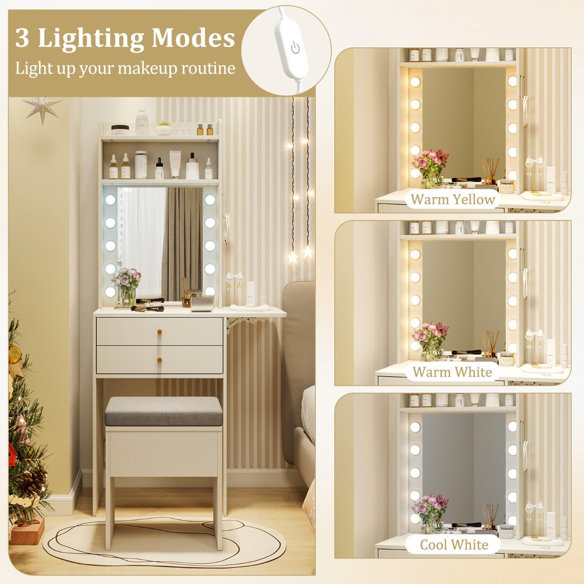Livsk costway make uptafel met verlichting kaptafel met laadstation spiegel laden planken en inklapbaar tafelblad kruk met opbergruimte wit 6