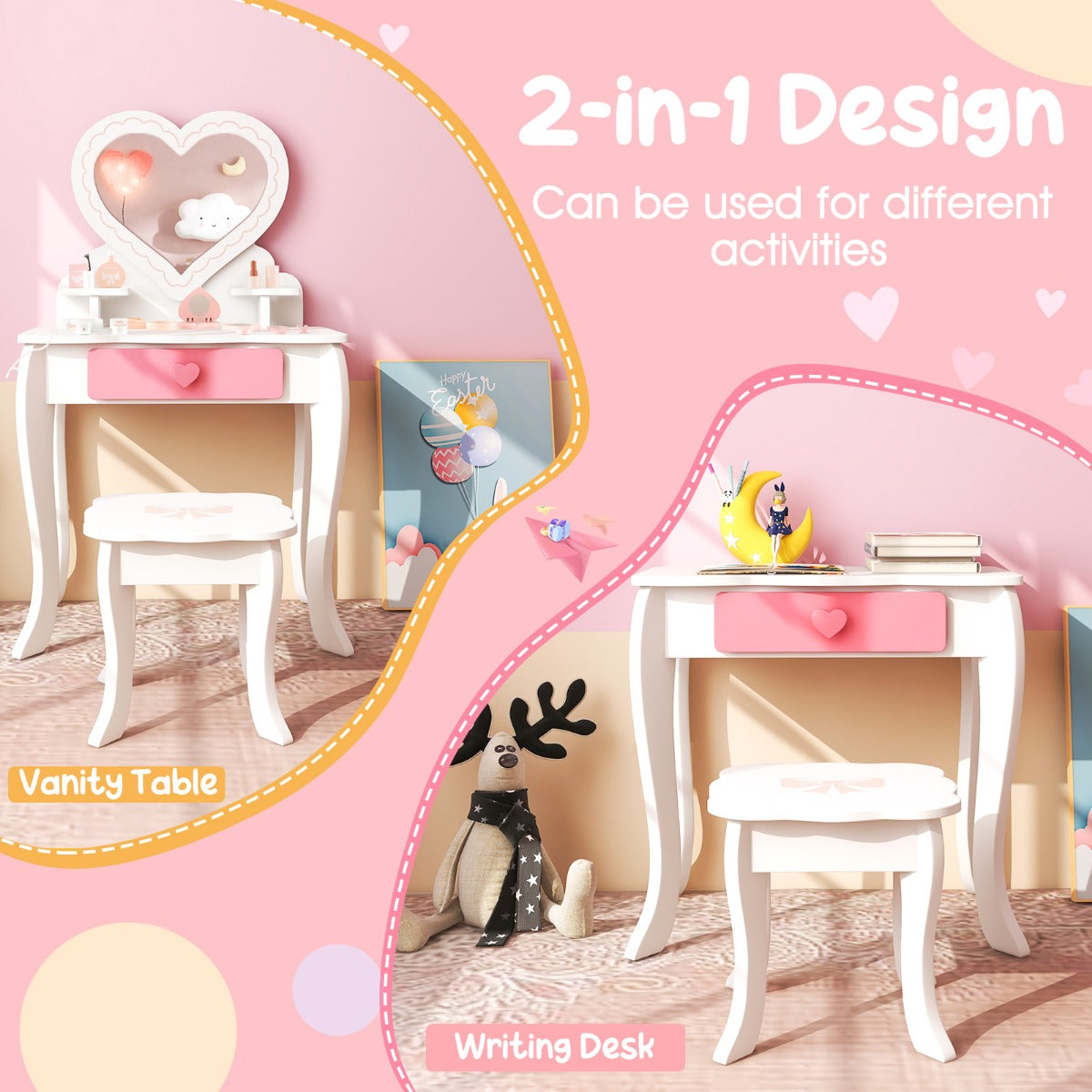 LIVSK Make-uptafel met Krukset voor Kinderen - Hartvormige Spiegel - Inclusief 10 Accessoires - Veilig en Duurzaam - Wit