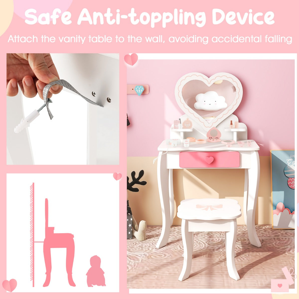 LIVSK Make-uptafel met Krukset voor Kinderen - Hartvormige Spiegel - Inclusief 10 Accessoires - Veilig en Duurzaam - Wit