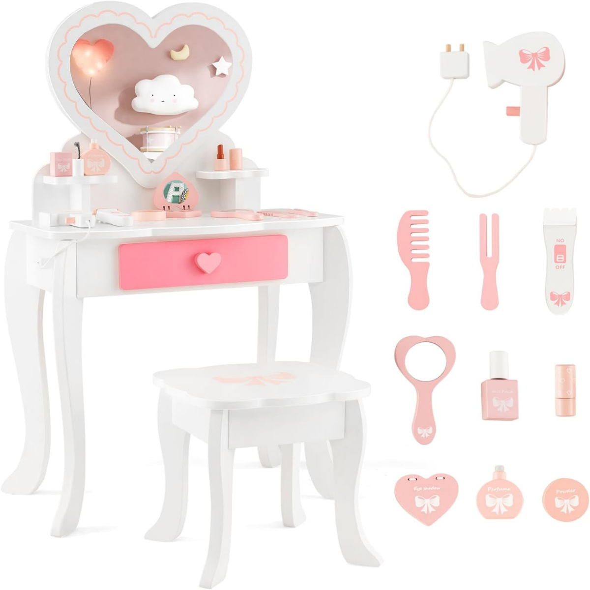LIVSK Make-uptafel met Krukset voor Kinderen - Hartvormige Spiegel - Inclusief 10 Accessoires - Veilig en Duurzaam - Wit