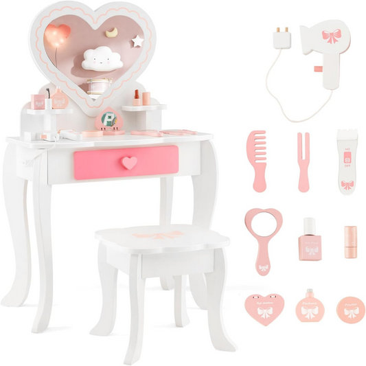 LIVSK Make-uptafel met Krukset voor Kinderen - Hartvormige Spiegel - Inclusief 10 Accessoires - Veilig en Duurzaam - Wit