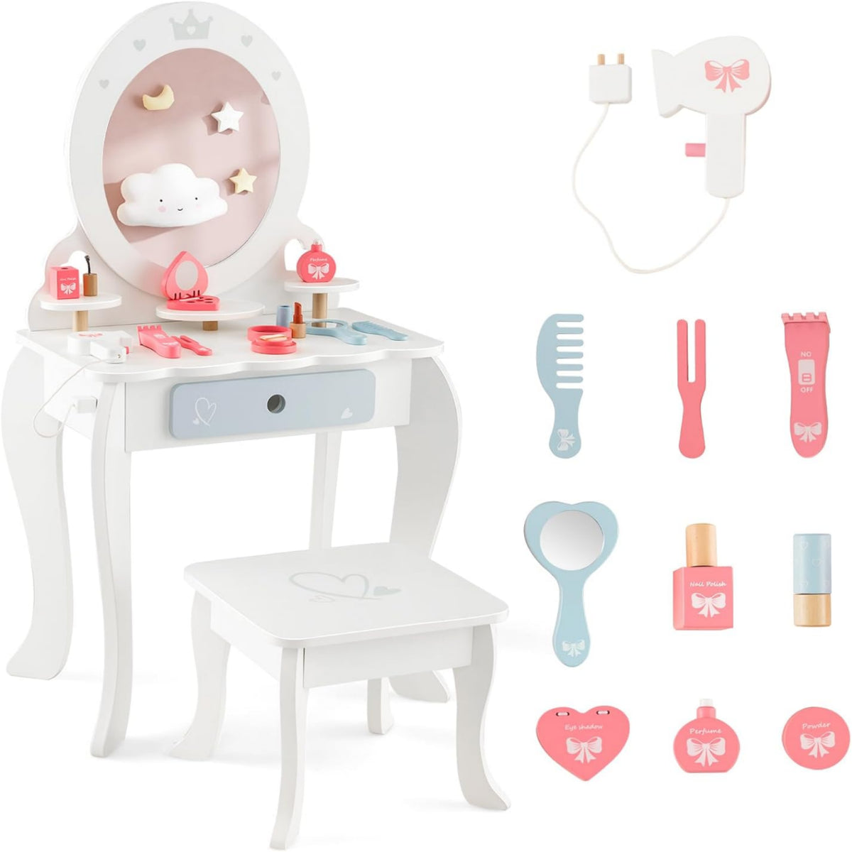 LIVSK 2-in-1 Make-uptafelset - Veilig en Stabiel - Inclusief 10 Accessoires - Voor Kinderen vanaf 3 jaar - Wit