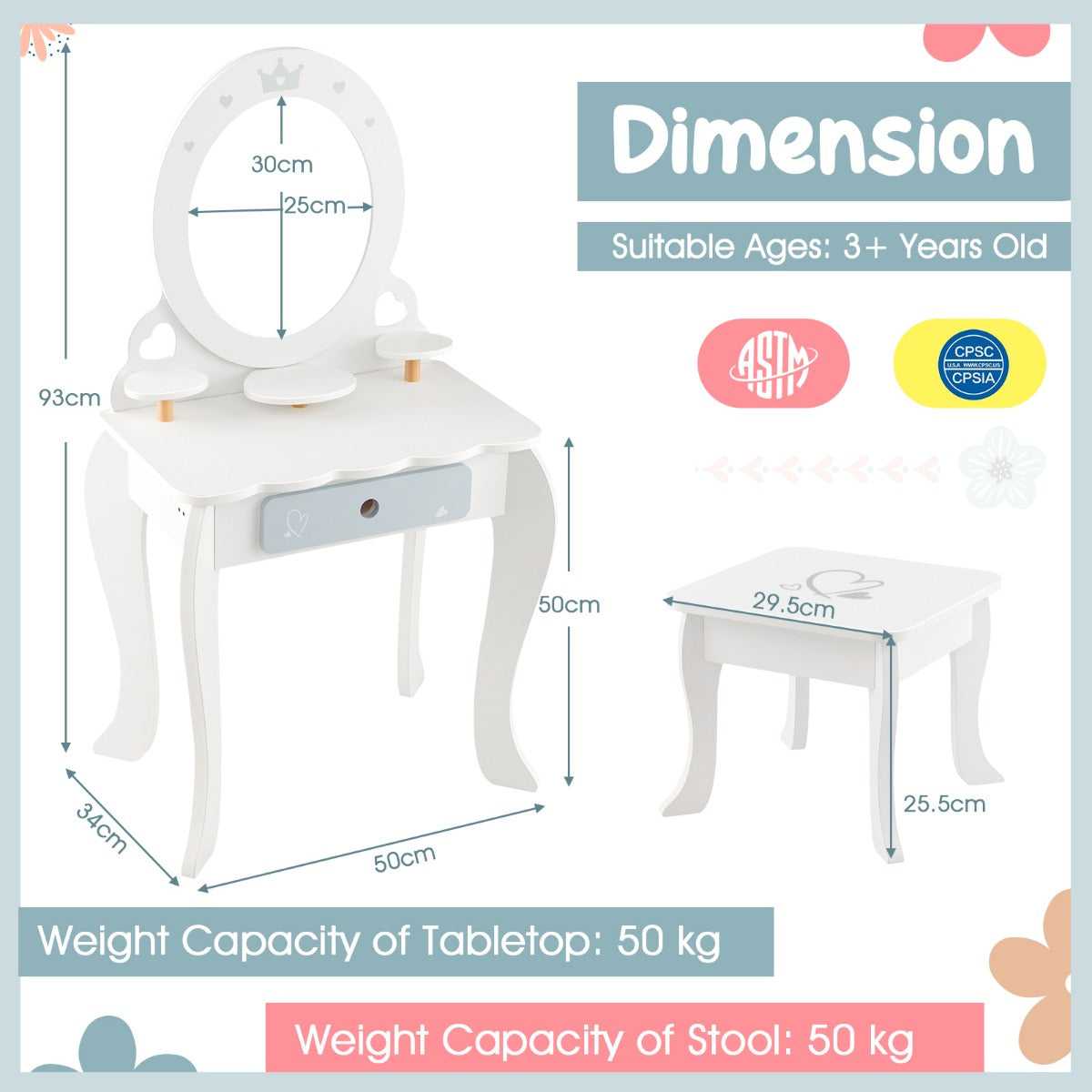 LIVSK 2-in-1 Make-uptafelset - Veilig en Stabiel - Inclusief 10 Accessoires - Voor Kinderen vanaf 3 jaar - Wit