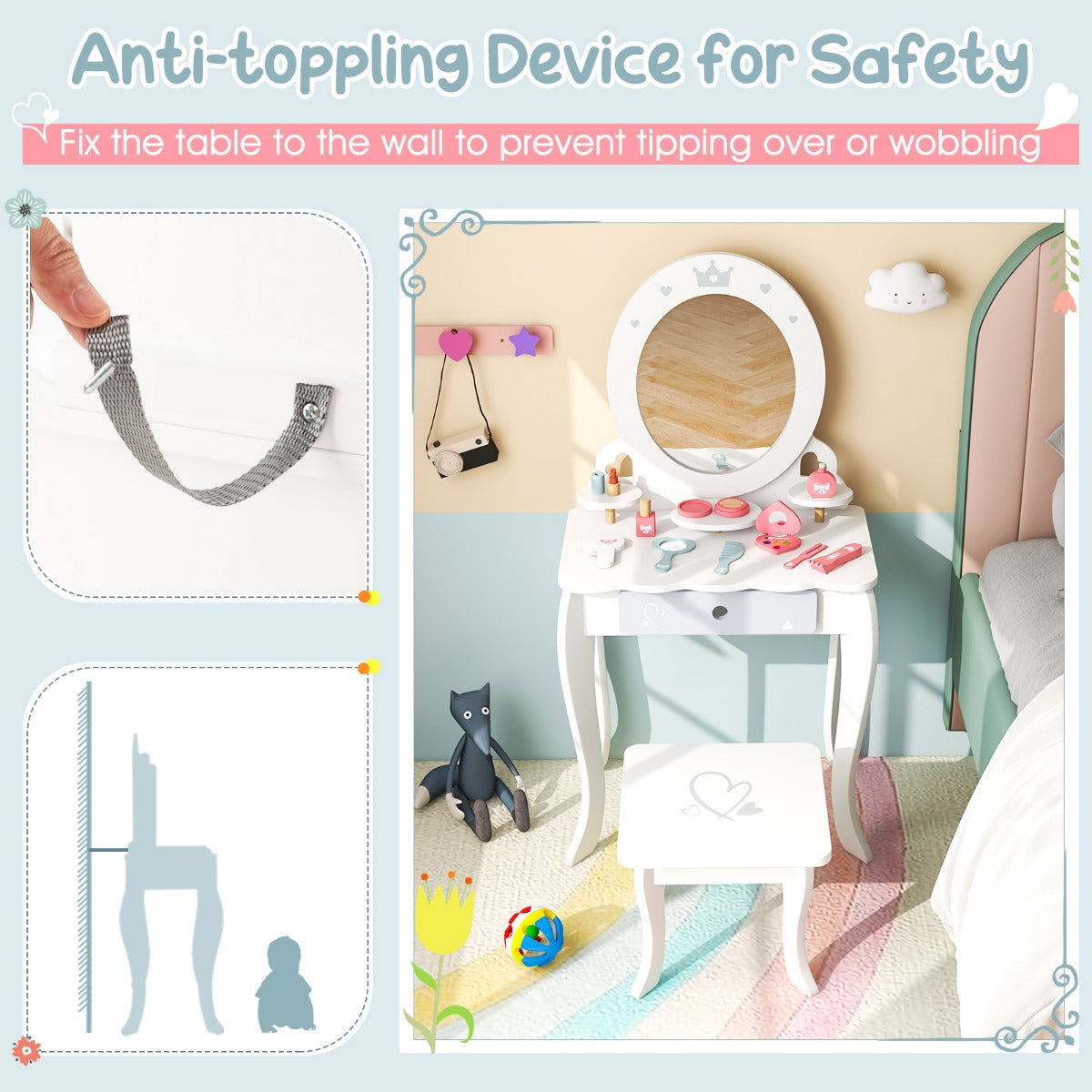 LIVSK 2-in-1 Make-uptafelset - Veilig en Stabiel - Inclusief 10 Accessoires - Voor Kinderen vanaf 3 jaar - Wit