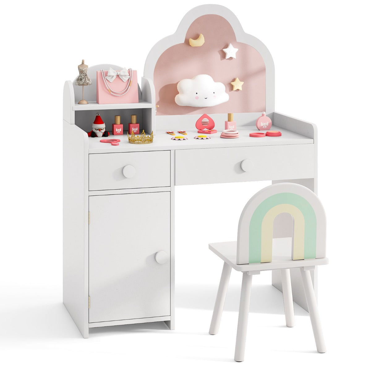 Livsk costway make uptafel voor kinderen wolkvormig 2 in 1 kaptafel met kruk houten kinderkaptafelset met spiegel kast en 2 laden wit