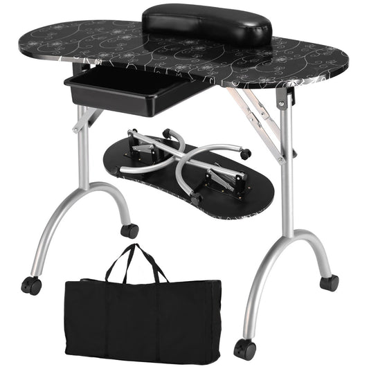 LIVSK Draagbare Nageltafel - Opvouwbaar met 4 Wielen - Ruime Lade - Kunstleren Polssteun - 90 x 37 x 68 cm - Zwart-Zilver