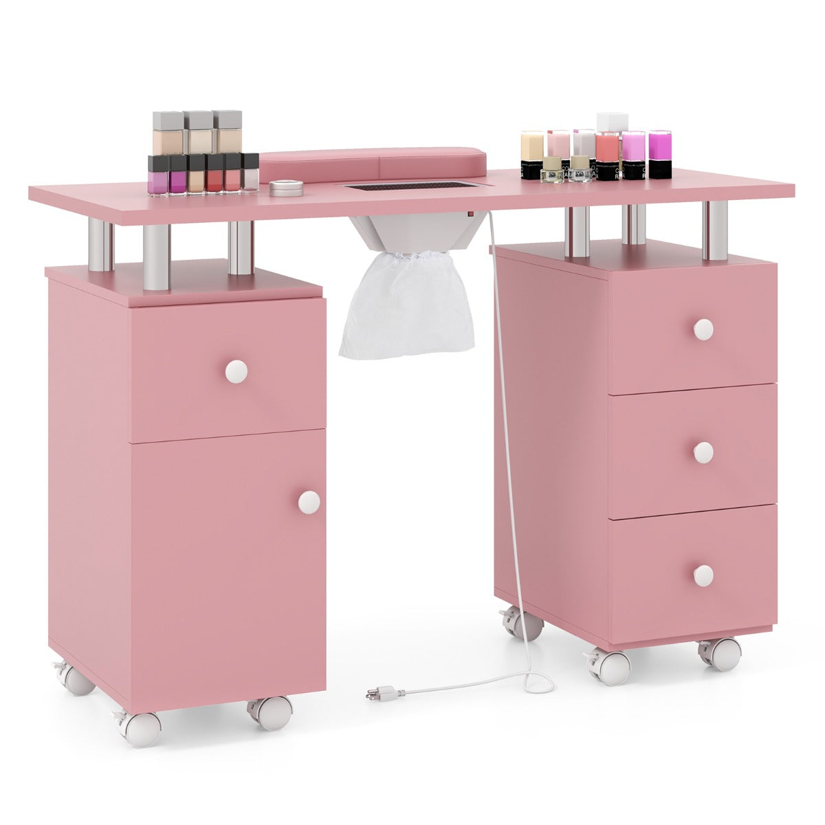 Livsk costway manicuretafel met elektrische stofafzuiging 3 stofzakken polssteun lades roze