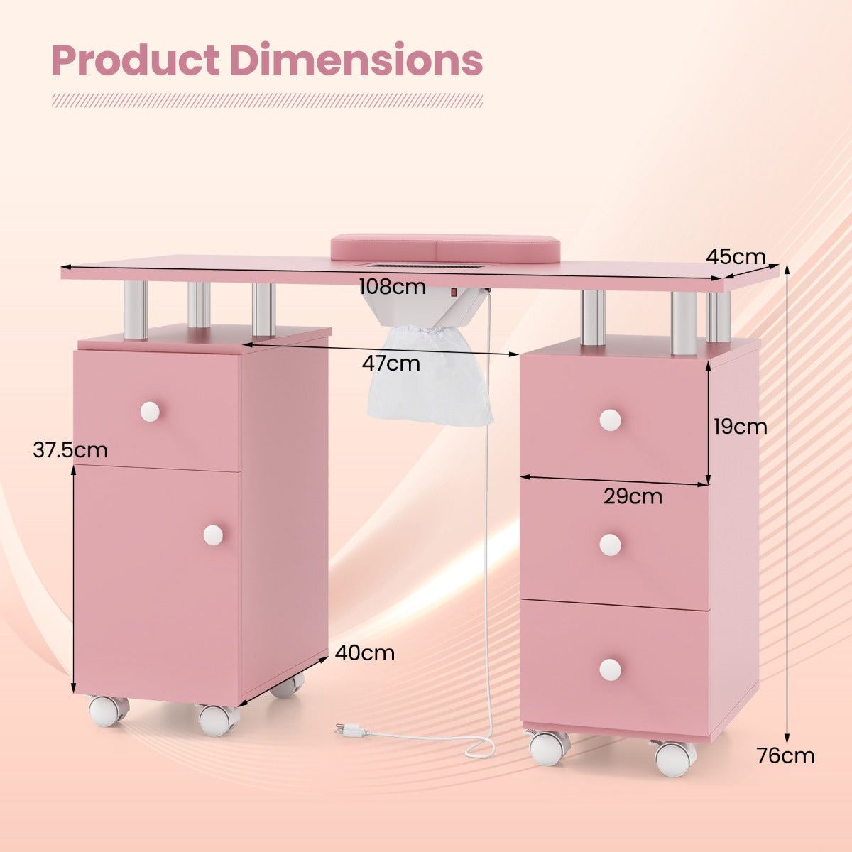 Livsk costway manicuretafel met elektrische stofafzuiging 3 stofzakken polssteun lades roze