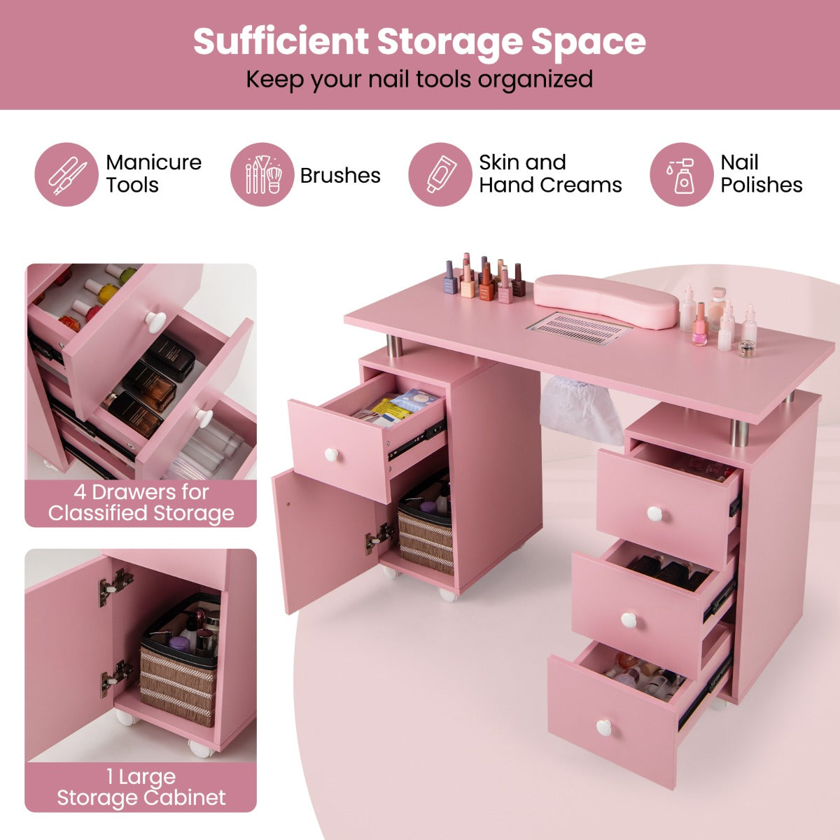 Livsk costway manicuretafel met elektrische stofafzuiging 3 stofzakken polssteun lades roze