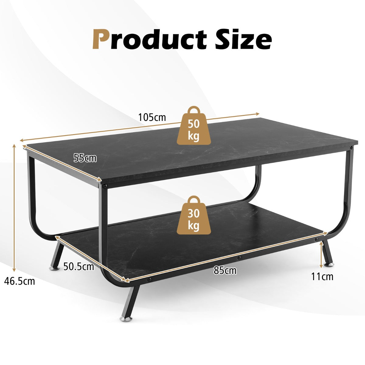 LIVSK Moderne Salontafel - Kunstmarmer met Metalen Frame - Twee Niveaus voor Opbergruimte - Eenvoudige Montage - 105 x 55 x 46,5