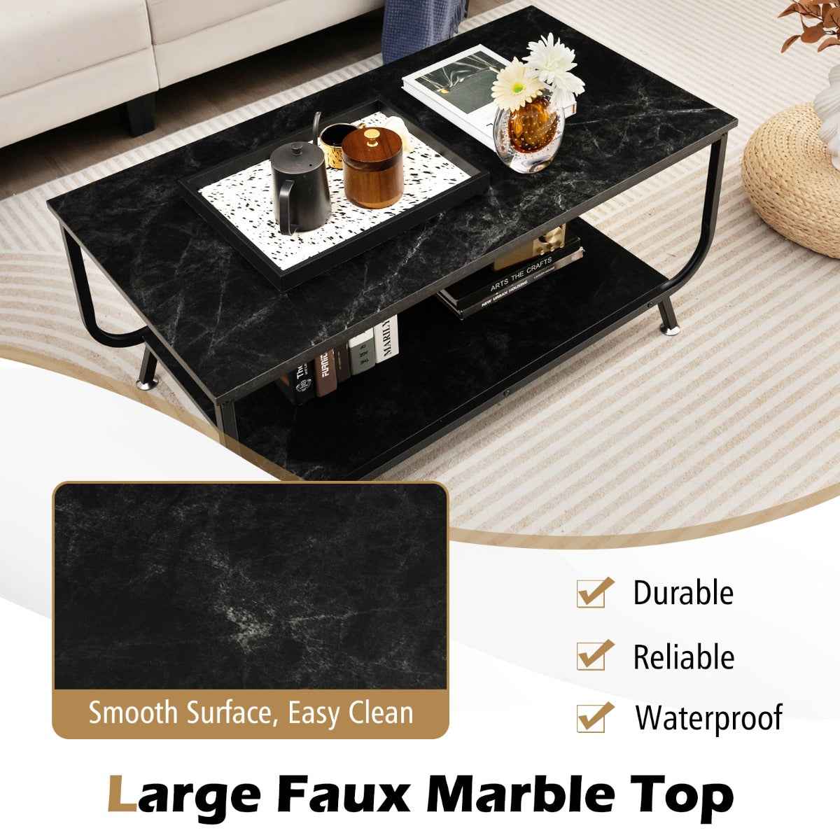 LIVSK Moderne Salontafel - Kunstmarmer met Metalen Frame - Twee Niveaus voor Opbergruimte - Eenvoudige Montage - 105 x 55 x 46,5