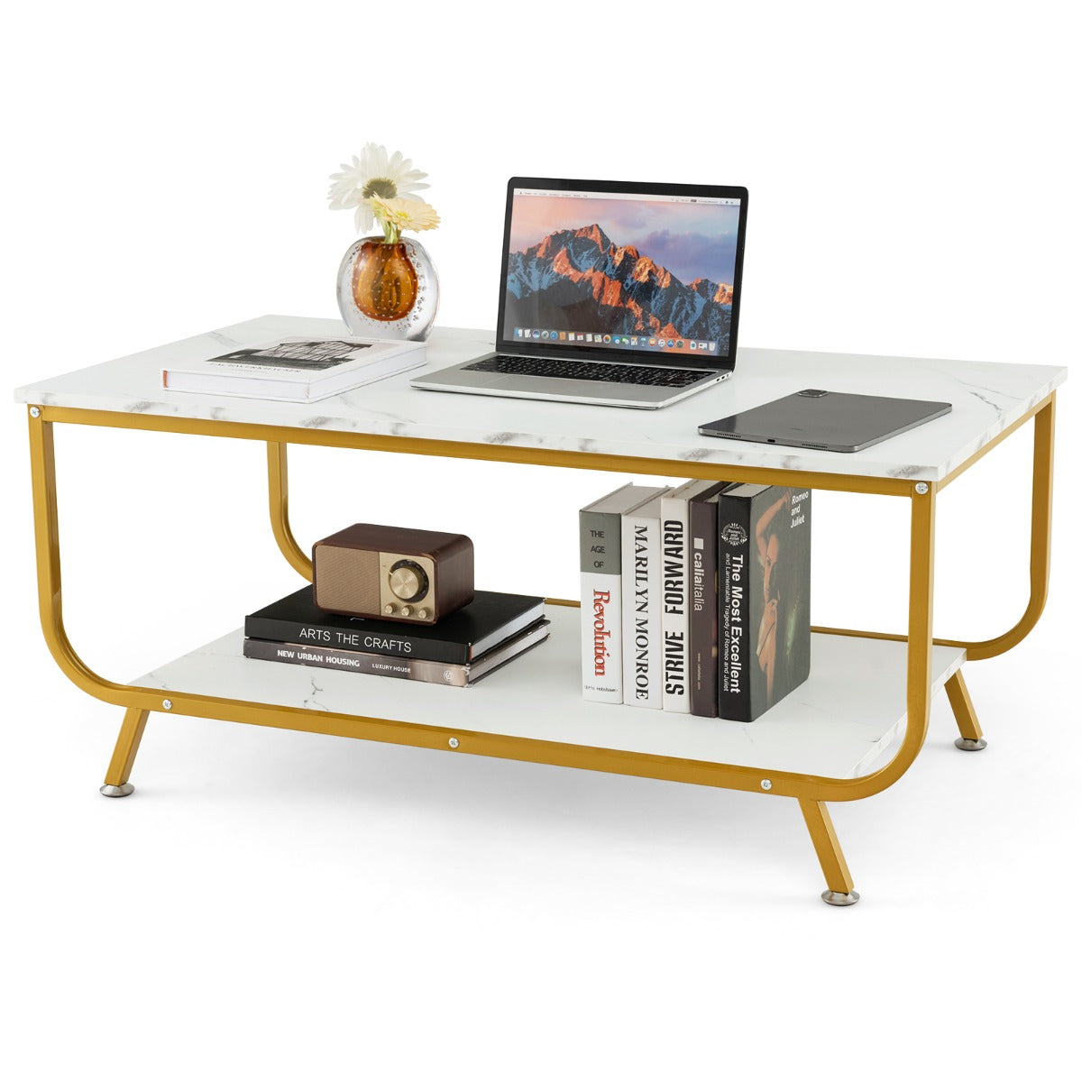 LIVSK Rechthoekige Salontafel met Twee Niveaus - Kunstmarmer en Metaal - Stabiel en Functioneel - 105 x 55 x 46,5 cm - Wit/Goud