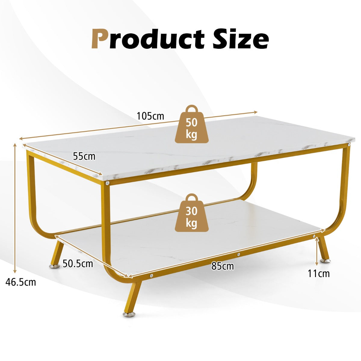LIVSK Rechthoekige Salontafel met Twee Niveaus - Kunstmarmer en Metaal - Stabiel en Functioneel - 105 x 55 x 46,5 cm - Wit/Goud