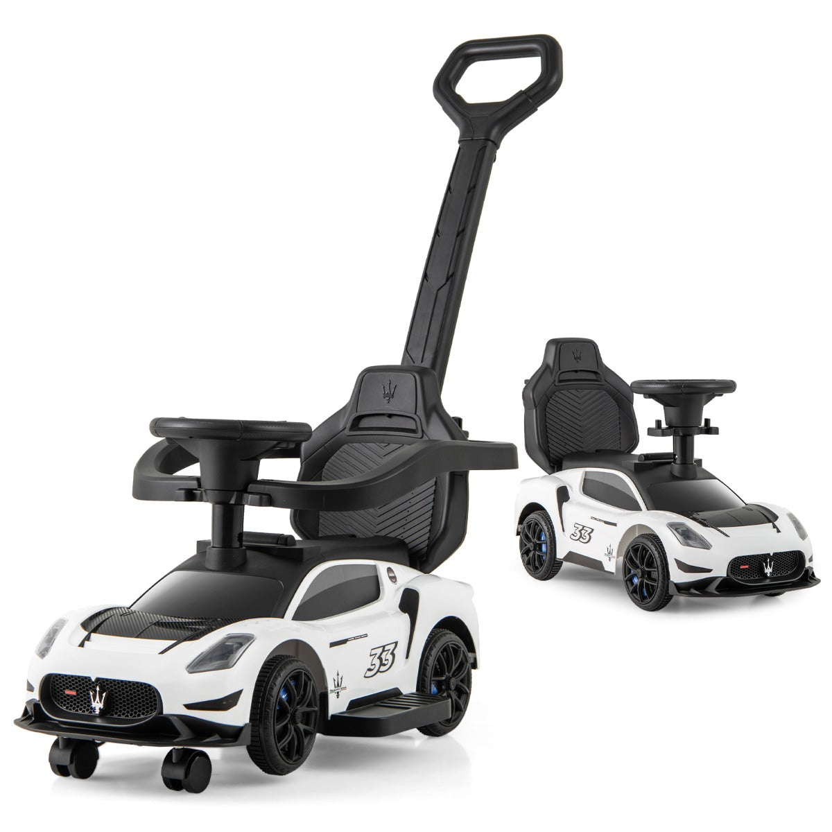 LIVSK Maserati Duwauto 3-in-1 - Muzikaal Stuur - Beschermende Barrière - Opbergruimte - Voor 18-60 maanden - Roze/Wit