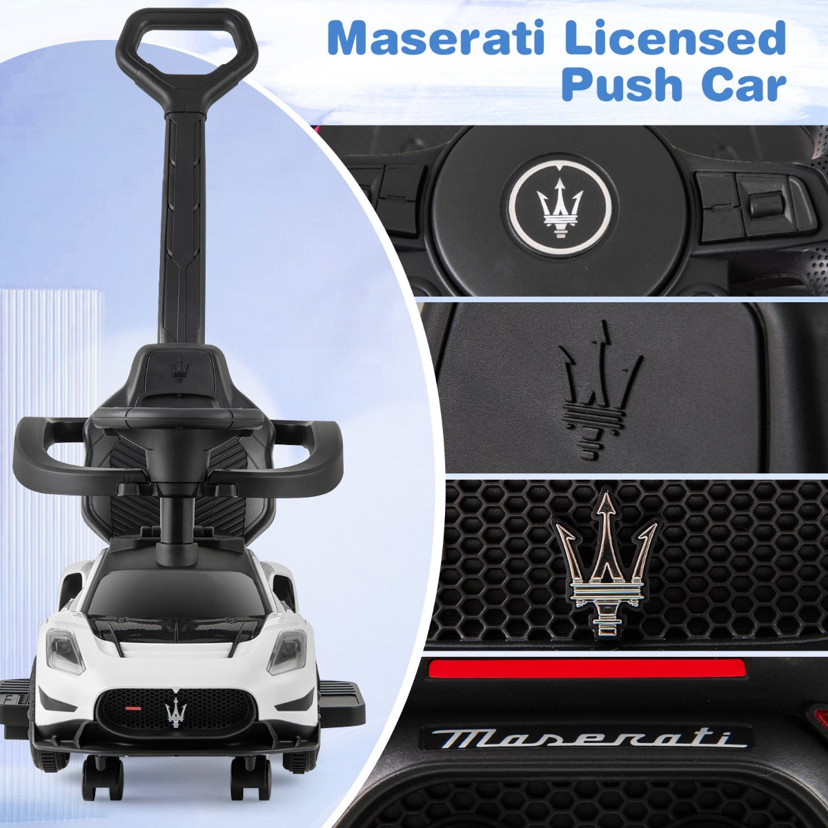 LIVSK Maserati Duwauto 3-in-1 - Muzikaal Stuur - Beschermende Barrière - Opbergruimte - Voor 18-60 maanden - Roze/Wit