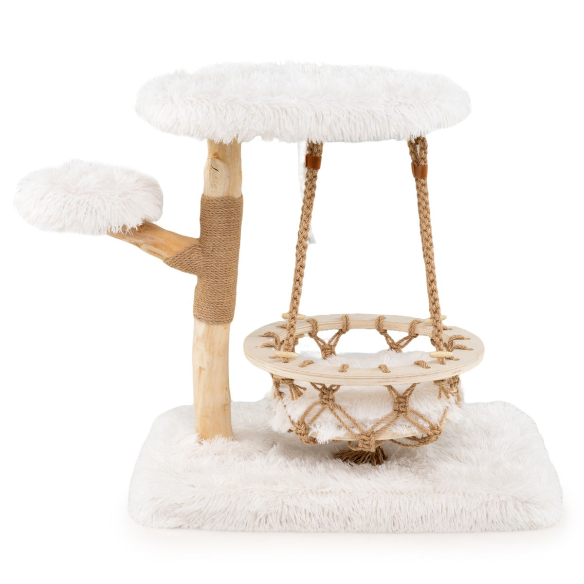 LIVSK Luxe Krabpaal met Hangwieg - 4 Niveaus - Massief Hout - Sisal Krabpaal - Ultrapluchen Kussens - Voor Katten tot 15 kg - Wit