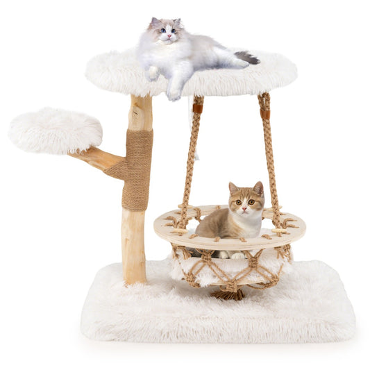 LIVSK Luxe Krabpaal met Hangwieg - 4 Niveaus - Massief Hout - Sisal Krabpaal - Ultrapluchen Kussens - Voor Katten tot 15 kg - Wit