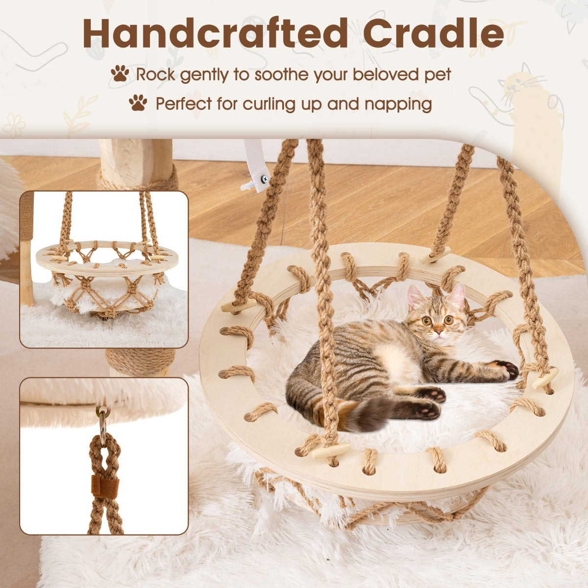LIVSK Luxe Krabpaal met Hangwieg - 4 Niveaus - Massief Hout - Sisal Krabpaal - Ultrapluchen Kussens - Voor Katten tot 15 kg - Wit