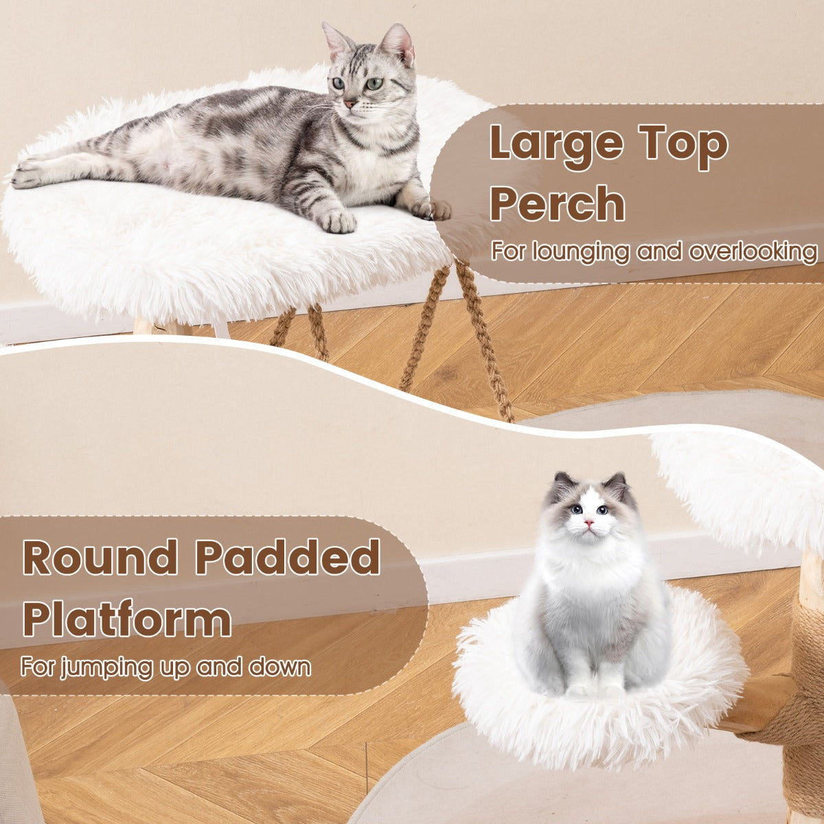 LIVSK Luxe Krabpaal met Hangwieg - 4 Niveaus - Massief Hout - Sisal Krabpaal - Ultrapluchen Kussens - Voor Katten tot 15 kg - Wit