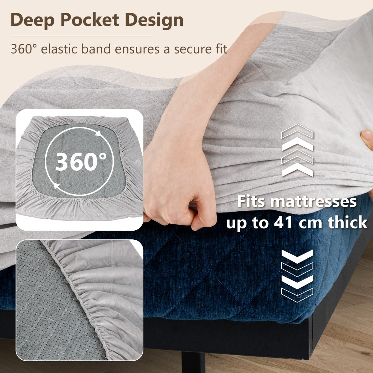 LIVSK Matrasbeschermer - Ademend Fluwelen Oppervlak - Antislip Onderkant - Kreukvrij Jacquard-Design - Tot 40 cm - Grijs