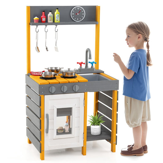 LIVSK Modderkeuken voor Kinderen - Robuust Sparrenhout - Inclusief Kookaccessoires - Met Afneembare Gootsteen - Grijs + Geel