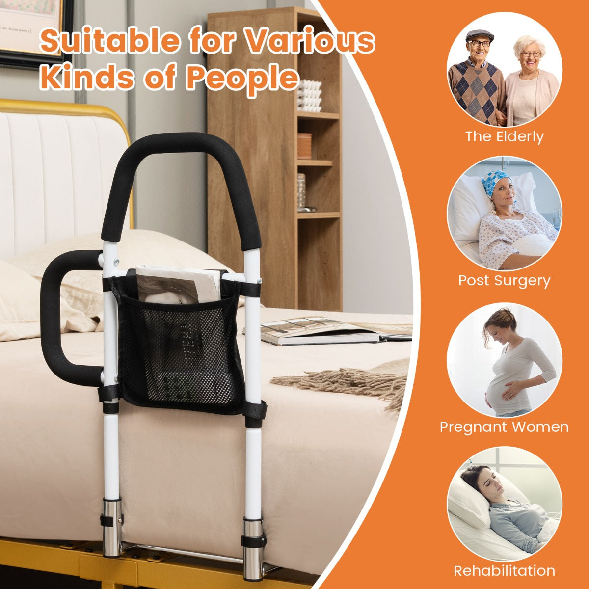 LIVSK Bedhek voor Ouderen - Ondersteunend met 2 Antislip Handgrepen - Eenvoudige Montage - Tot 136 kg - Zwart + Wit