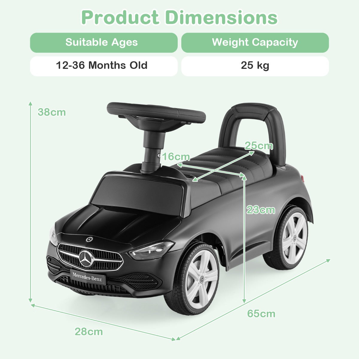 LIVSK Mercedes-Benz Glijauto - Voetgestuurd met Claxon en Motorgeluiden - Opbergruimte - Tot 25 kg - 65 x 28 x 38 cm - Zwart