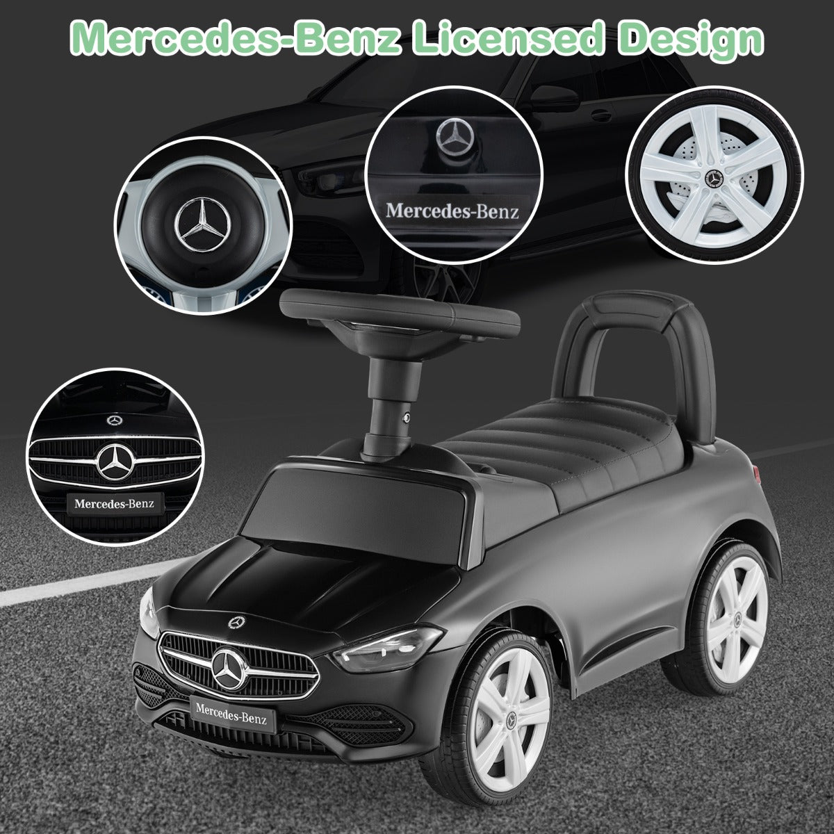 LIVSK Mercedes-Benz Glijauto - Voetgestuurd met Claxon en Motorgeluiden - Opbergruimte - Tot 25 kg - 65 x 28 x 38 cm - Zwart