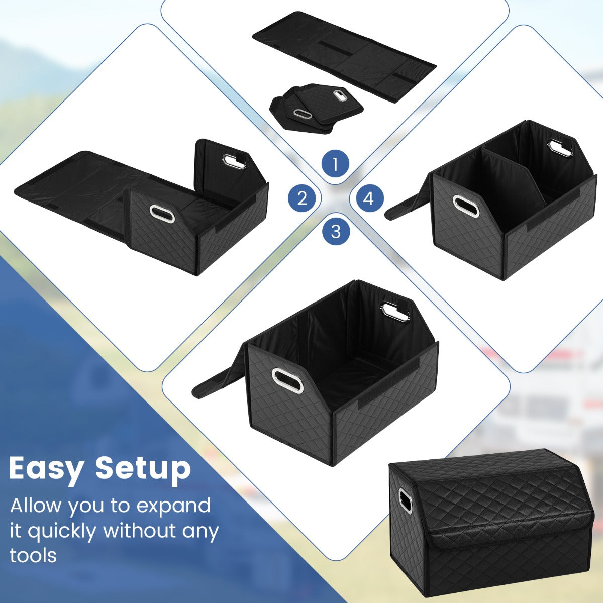 Livsk costway met leer beklede opbergbak voor laarzen met deksel opvouwbare opbergdoos geschikt voor suvs kamperen zwart 2