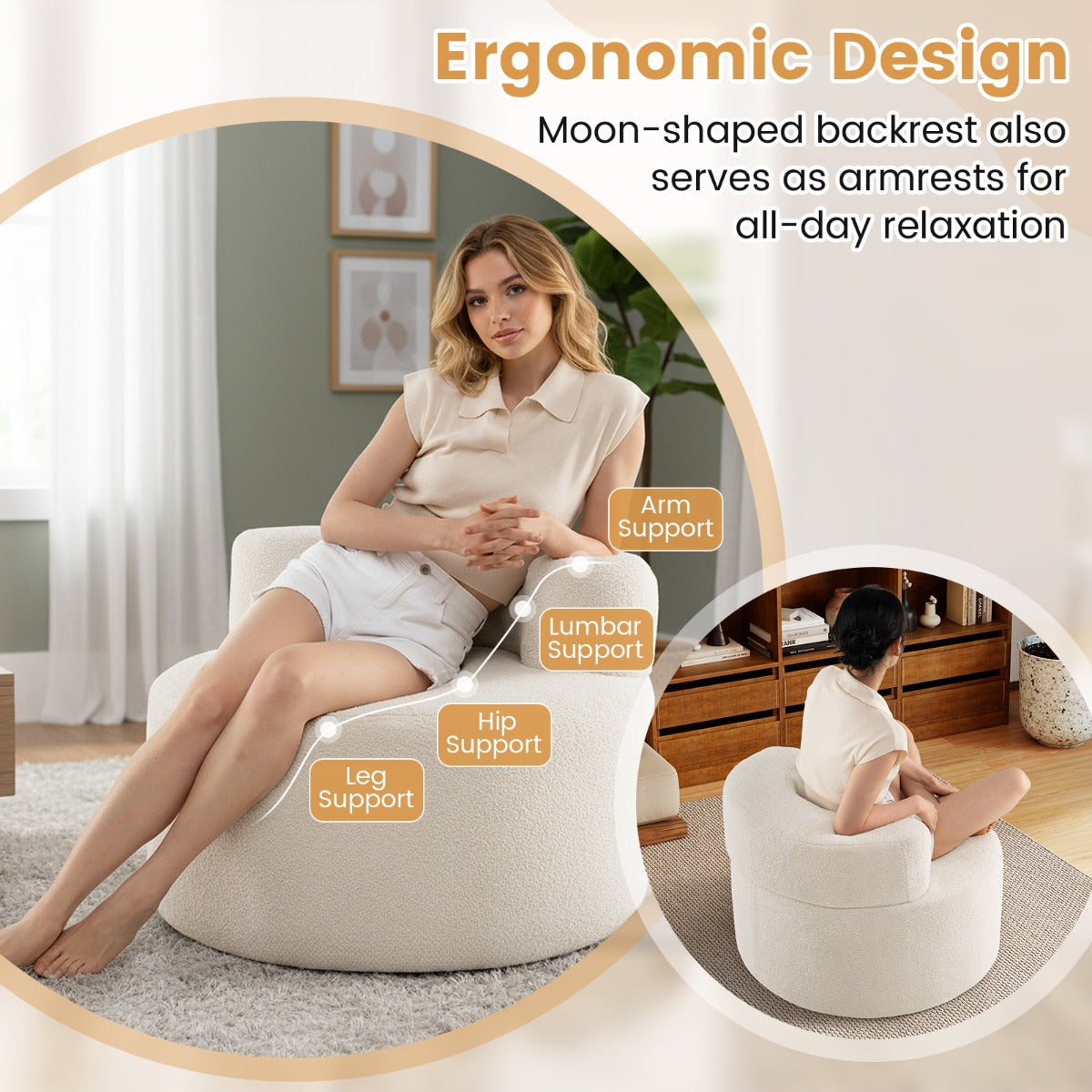 Livsk costway met schuim gevulde zitzak met zachte vulling ronde eenpersoonsbank ultrazachte fluwelen stof beige 6