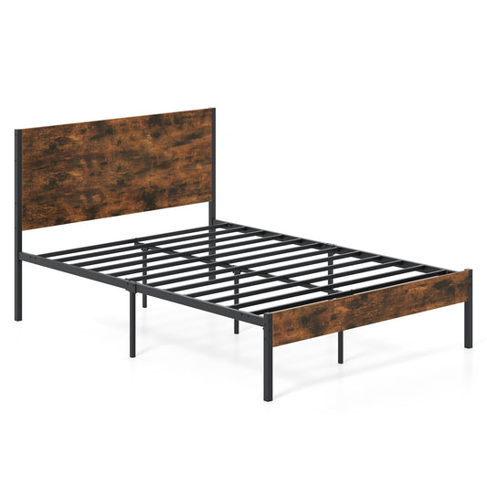 LIVSK Heavy-duty Platformbed - Houten Hoofd- en Voetbord - Metalen Latten - Opbergruimte - 196 x 138 x 100,5 cm - Rustiek bruin &