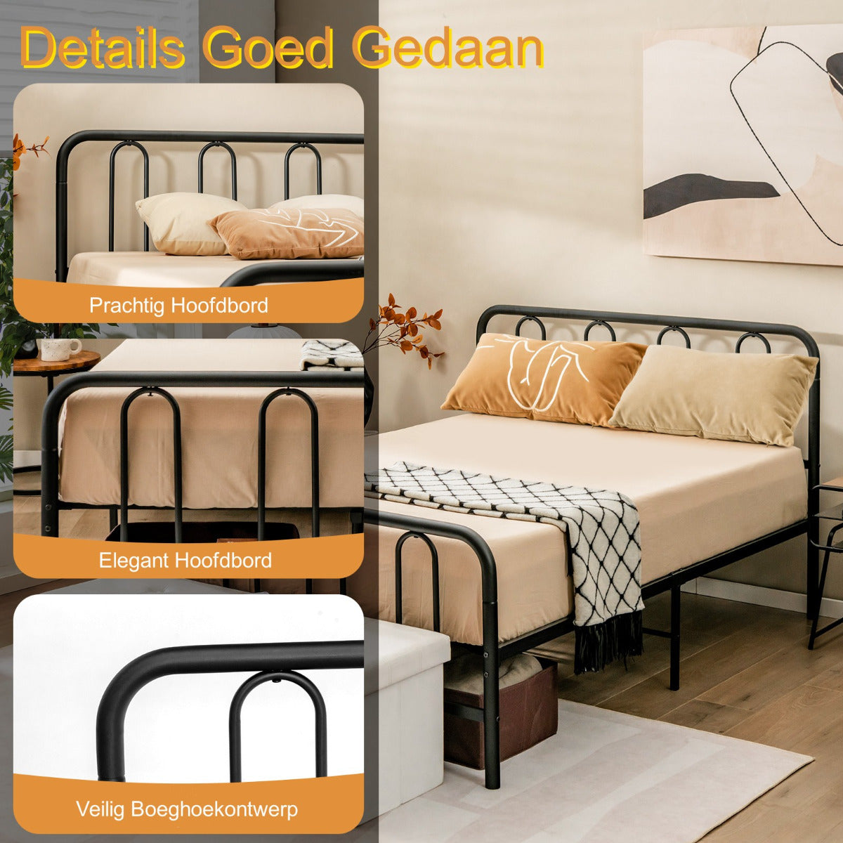 Livsk costway metalen bedframe met hoofdeinde en voeteneind modern platformbed 209 x 144 x 101 cm zwart 5