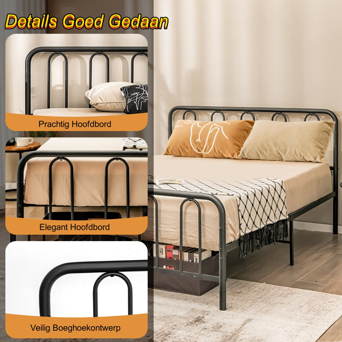 LIVSK Metalen Bedframe met Opbergruimte - Robuust Stalen Frame - Tot 300 kg - Eenvoudige Montage - Minimalistisch Design - Zwart