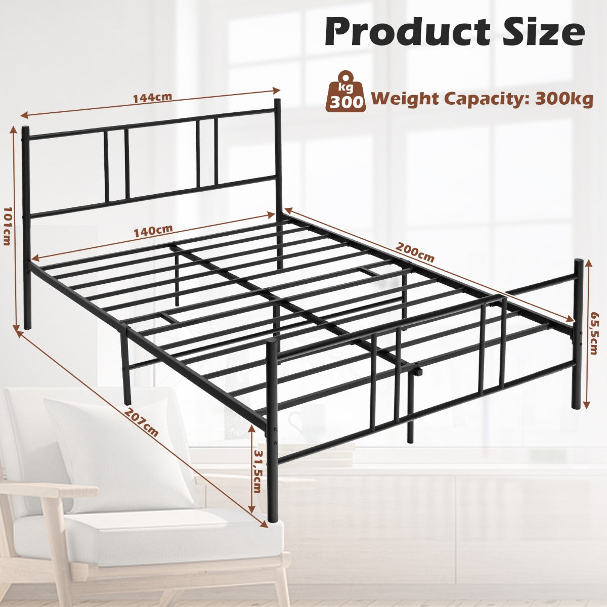 Livsk costway metalen bedframe platform bedframe met hoofdbord voetbord zware stalen latten ondersteuning matras stichting geluidsvrij zwart 2