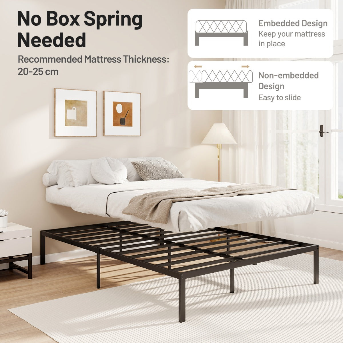 Livsk costway metalen bedframe zware lattenbodem voor matras opbergruimte onder het bed eenvoudige montage zwart 4