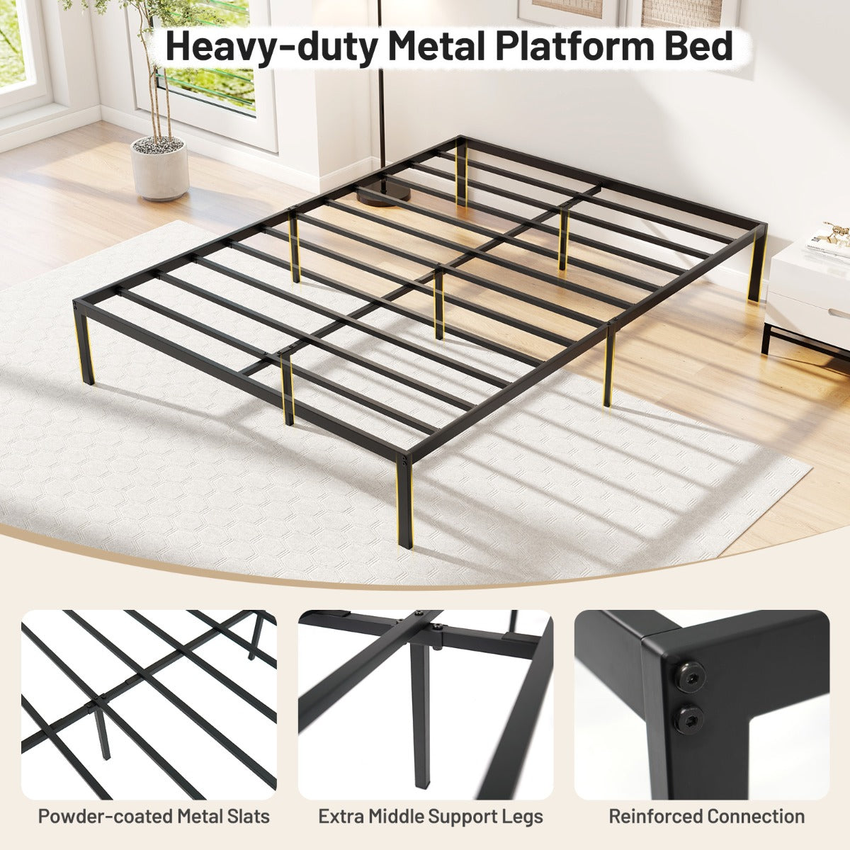 Livsk costway metalen bedframe zware lattenbodem voor matras opbergruimte onder het bed eenvoudige montage zwart 6